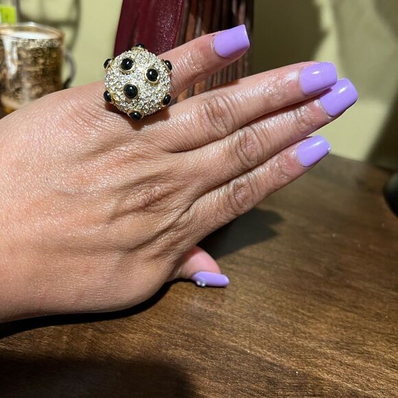 J. Crew Gold Plated Pave Crystal with Black Bead Accents Cocktail Ring Size 6 - Picture 1 of 6